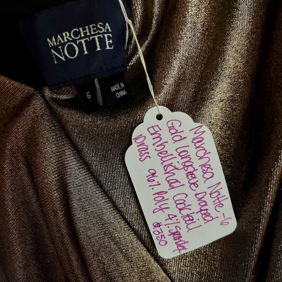 Marchesa Notte Bronze Gold Metallic Foiled Lamé Long-Sleeve Cocktail Dress - Picture 5 of 10